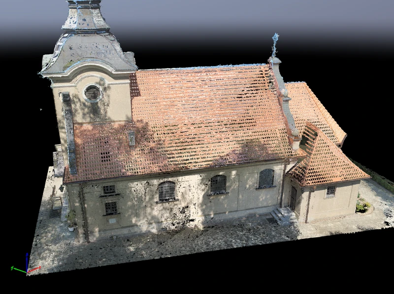 Fotogrametryczne odwzorowanie elewacji bocznej, dachu i wieży kościoła.