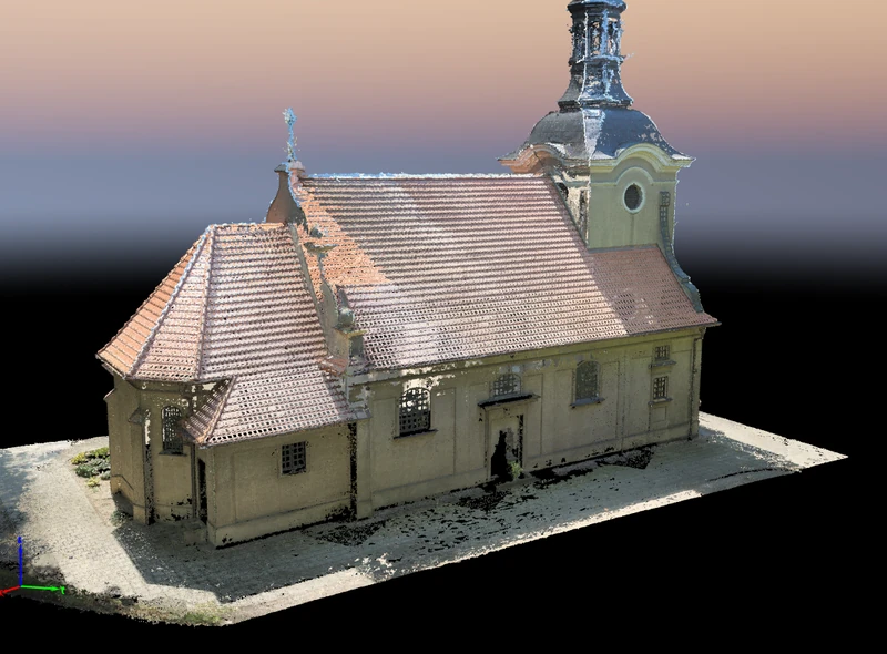 Widok bryły kościoła z odwzorowaniem dachu, elewacji i wieży.